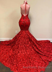 Burgundy Halter Mermaid V-neck Low back Flowers Evening Prom Dresses