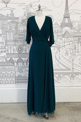 Wrap V Neck Sleeves Chiffon Long Bridesmaid Dresses with Sash
