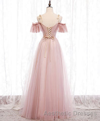 Pink V Neck Tulle Lace Long Evening Prom Dresses, Pink Bridesmaid Dresses, 1
