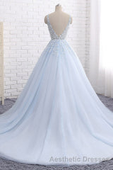 Ball Gown Chapel Train V Neck Sleeveless Backless Appliques Evening Prom Dresses