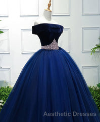 Dark Blue Tulle Off Shoulder Long Evening Prom Dresses, Blue Sweet 16 Dresses