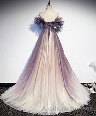 Purple Tulle Sequin Long Evening Prom Dresses, Purple Tulle Formal Dresses