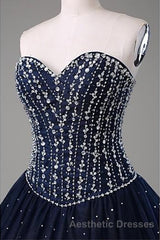 Navy Blue Ball Gown Floor Length Sweetheart Sleeveless Mid Back Evening Prom Dresses