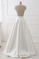 A Line Brush Train Deep V Neck Sleeveless Beading Evening Prom Dresses