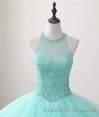 Mint Ball Gown Floor Length Halter Keyhole Back Beading Ruffles Evening Prom Dresses