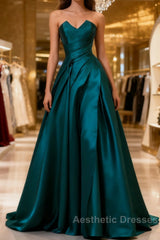 Simple Blue Satin Strapless Evening Prom Dresses