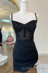 Black Straps Beaded Sheath Satin Homecoming Dresses
