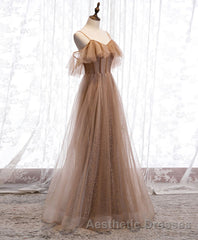Champagne Tulle Sequin Long Evening Prom Dresses, Champagne Evening Prom Dresses