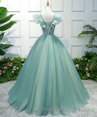 Green V Neck Tulle Long Evening Prom Dresses, Green Evening Prom Dresses