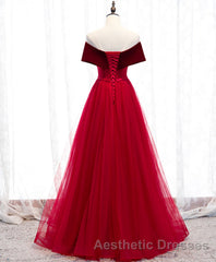 Burgundy Tulle Off Shoulder Long Evening Prom Dresses, Burgundy Formal Dresses