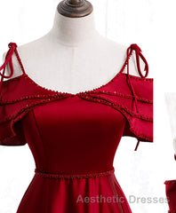 Burgundy Satin Beads Long Evening Prom Dresses, Burgundy Evening Prom Dresses