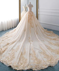Unique Champagne Tulle Lace Long Wedding Dresses, Bridal Gown