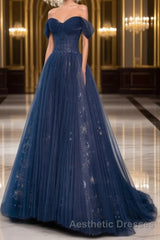 A-Line Off Shoulder Tulle Lace Dark Blue Long Evening Prom Dresses, Dark Blue Long Evening Prom Dresses