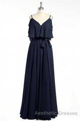 Black Chiffon V-Neck Ruffled A-Line Long Bridesmaid Dresses