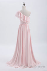 Ruffles Pink One Shoulder Chiffon A-line Long Bridesmaid Dresses