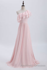 Ruffles Pink One Shoulder Chiffon A-line Long Bridesmaid Dresses