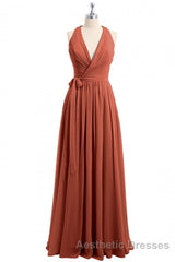 Rust Orange Wrap A-Line Long Dresses