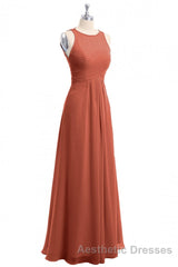 Rust Orange Crew Neck Backless A-Line Long Bridesmaid Dresses