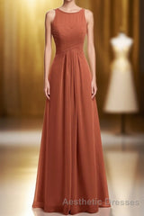 Rust Orange Crew Neck Backless A-Line Long Bridesmaid Dresses
