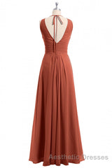Rust Orange Crew Neck Backless A-Line Long Bridesmaid Dresses