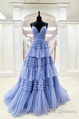 Elegant Light Blue Side Slit Tulle Long Evening Prom Dresses