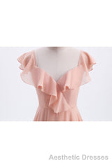 Peach Ruffles A-lline Chiffon Long Bridesmaid Dresses with Tie Back