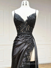 Dark Blue V Neck Satin Lace Long Evening Prom Dresses, Dark Blue Lace Long Evening Prom Dresses