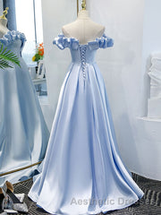 Blue A Line Off Shoulder Long Evening Prom Dresses, Blue Evening Prom Dresses