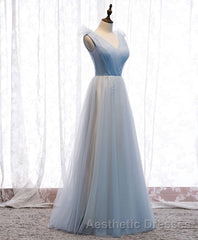 Simple Blue V Neck Tulle Long Evening Prom Dresses, Blue Formal Dresses