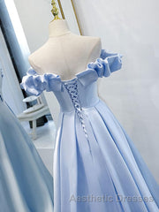 Blue A Line Off Shoulder Long Evening Prom Dresses, Blue Evening Prom Dresses