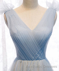 Simple Blue V Neck Tulle Long Evening Prom Dresses, Blue Formal Dresses