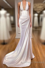 Halter V-Neck Mermaid Evening Prom Dresses Elegant