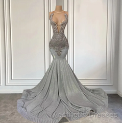 Silver Halter Mermaid Evening Prom Dresses with Beadings