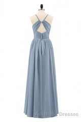 Dusty Blue Chiffon Cutout Back A-Line Long Bridesmaid Dresses