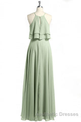 Sage Green Chiffon Halter Ruffle A-Line Long Bridesmaid Dresses
