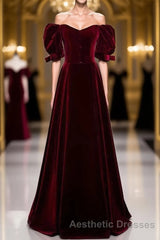 Modest Burgundy Long Evening Prom Dresses with Short Sleeves Vintage Evening Prom Gown