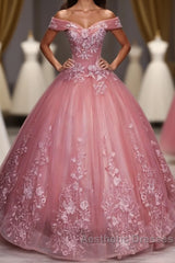 Pink Tulle Lace Off Shoulder Long Evening Prom Dresses, Pink Tulle Evening Dresses, 1