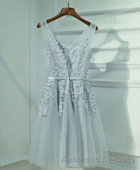 Gray A Line Lace Tulle Short Evening Prom Dresses, Homecoming Dresses