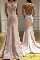 Spaghetti Straps Pink Mermaid Evening Prom Party Dresses Long Evening Prom Dresses
