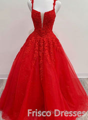 Red Tulle Lace A Line Formal Evening Prom Dresses Appliques Long Evening Prom Dresses
