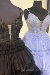 Lilac Floral Layers Spaghetti Straps Lonh Evening Prom Dresses