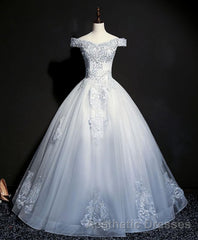 Blue Tulle Lace Off Shoulder Long Evening Prom Dresses, Blue Tulle Lace Evening Prom Dresses