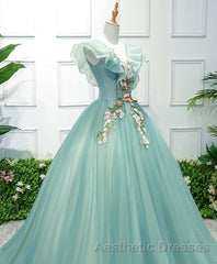 Green V Neck Tulle Long Evening Prom Dresses, Green Evening Prom Dresses