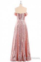 Rose Gold Sequin Off-the-Shoulder A-Line Long Bridesmaid Dresses