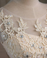 Champagne Lace Round Neck Short Evening Prom Dresses, Bridesmaid Dresses