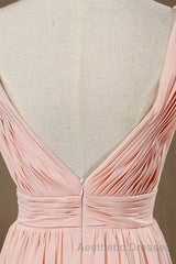Elegant Plush Pink V-Neck Open Back A-Line Long Bridesmaid Dresses