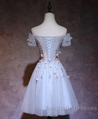 Cute Gray Blue Tulle Short Evening Prom Dresses, Gray Homecoming Dresses