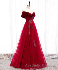 Burgundy Tulle Off Shoulder Long Evening Prom Dresses, Burgundy Formal Dresses