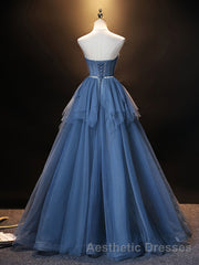 Blue Sweetheart Neck Tulle Long Evening Prom Dresses, Blue Evening Prom Dresses