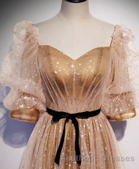 Champagne Sweetheart Tulle Long Evening Prom Dresses, Tulle Formal Dresses